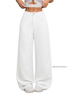 Womens Wide Leg Baggy Mid Rise Pull On Denim Jeans